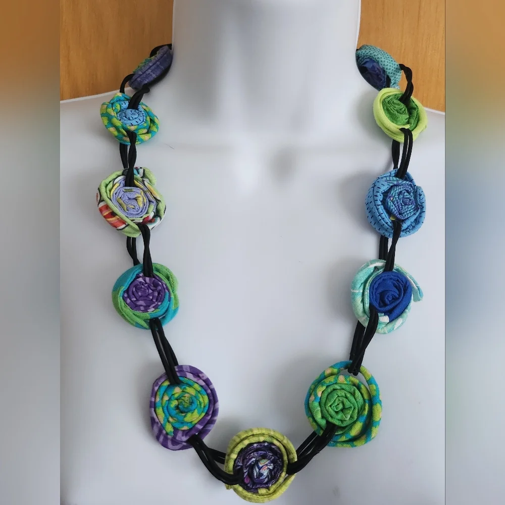 Multi colored coiled fabric necklace